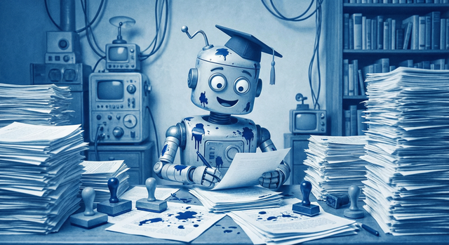 Un petit robot en train de corriger des copies
